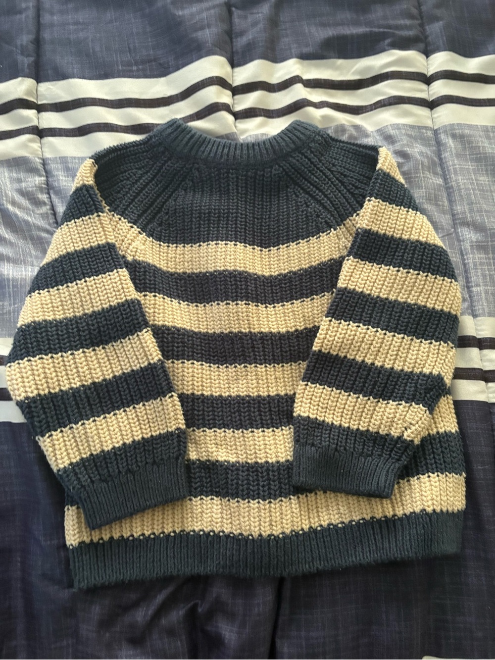 Striped Crewneck Sweater in Cream and Navy Blue